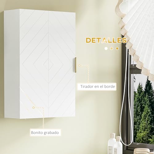 Miniatura 6 de Kleankin Armario Para Baño De Pared Moderno Mueble Para Baño Suspendido Con 1 Asa De Acero Y Estantes Ajustables Para Cocina 40x15x60 Cm Blanco