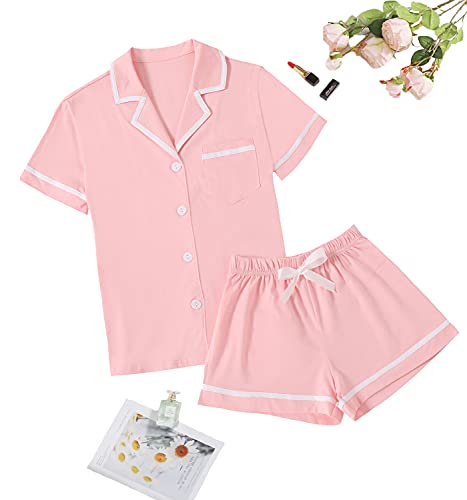 Lyaner Women's Cotton Pajamas Set Button Short Sleeve Shirt With Shorts Set Pjs Loungewear Pink Medium #TOP4