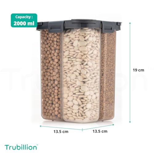 Image of TRUBILLION SplitBox 4-Section Kitchen Food Storage Container,2000ml BPA-Free Transparent,Black Lid,Removable Divider,Freezer Safe,Stackable Space,Saving Design,For Pulses,Snacks,Dry Fruits (Grey)