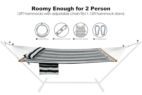 Image of GAFETE Hammock 2 Person Quilted Fabric Hammocks for Outside, Double 12ft Hammocks with Spreader Bar, Large Removable Pillow, Storage Bag, Carabiners, Max 475 lbs Capacity (Black White)