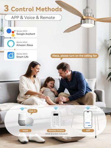 Image of Sofucor 52 Inch Solid Wood Smart Ceiling Fans with Lights and Remote, Works with App /Alexa /Google, 6-Speed Outdoor Ceiling Fan with Light, 3 Blade Ceiling Fan, Quiet DC Motor for Living Room Patio