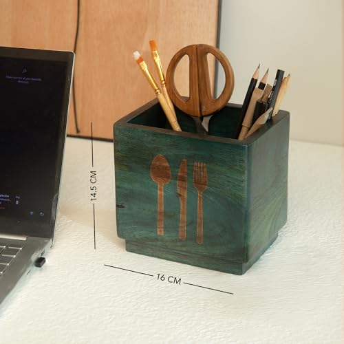 Image of Ellementry Blue Wooden Cutlery Holder & Organizer Stand for Spoons, Forks & Knives, Modern Counter Top Tableware Storage Box for Kitchen & Dining Table, Utensil Organizer for Home & Office
