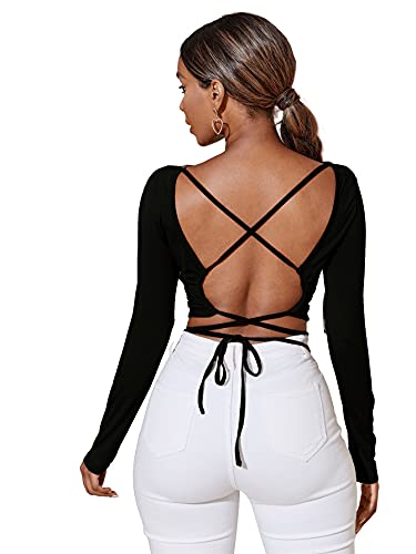 SheIn Women's Criss Cross Tie Back Long Sleeve 