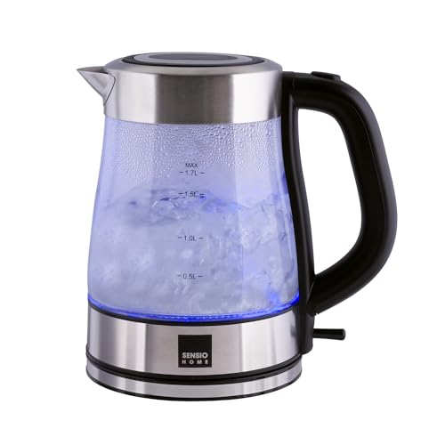 Sensio Home Electric Cordless Glass Kettle 1.7L Quiet Fast Boil with 3000W Rapid Boil Element, Includes Filter, Blue Illumination Jug with Swivel Base and Flip Top Lid, BPA Free Sensio Home Electric Cordless Glass Kettle 1.7L Quiet Fast Boil with 3000W Rapid Boil Element, Includes Filter, Blue Illumination Jug with Swivel Base and Flip Top Lid, BPA Free
