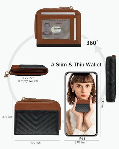 Image of Small Bifold Wallets Woman RFID Mini Wallet for Women Slim Card Holder with Zipper Coin Pocket & 2 ID Windows (Black&Brown)