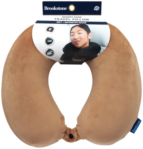 Image of Brookstone Travel Neck Pillow - Lightweight U-Shaped Memory Foam Travel Pillow for Airplane, Car Travels & Sleeping, Khaki