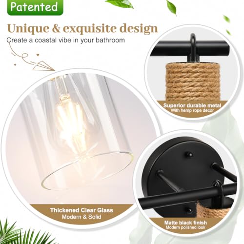 Image of MOKATNG Bathroom Light Fixtures, 4-Light Farmhouse Vanity Lights with Hemp Rope, Black Bathroom Wall Lamp for Mirror Kitchen Hallway Cabinet