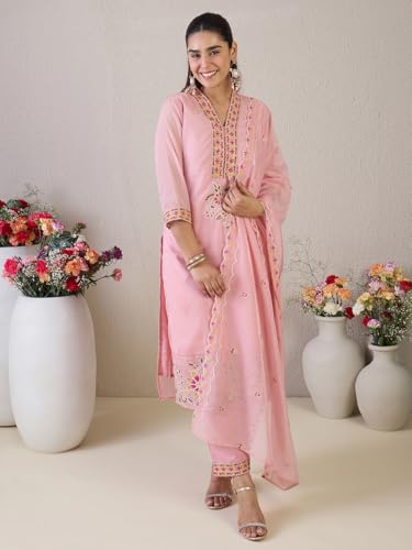 Image of INDO ERA Women's Straight Organza Floral Embroidered Kurta & Pant with Dupatta Set (IESTR9806)