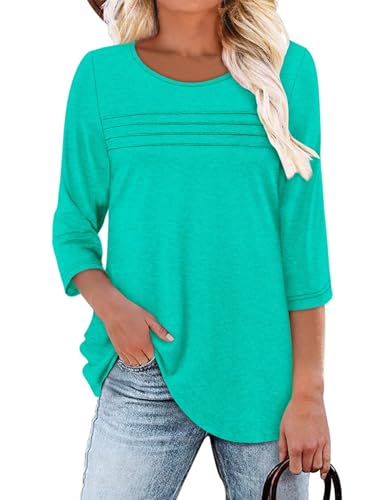 KISSMODA Women's Casual 3/4 Sleeve T-Shirts Round Neck Cute Tunic Tops Basic/Pleated Summer Tops Trendy Spring Blouses