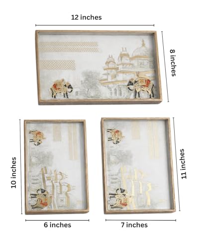Image of Premium Wooden Serving Tray Set of 3 | Ethnic Indian Art Printed Tea, Coffee & Snack Trays | Decorative Multipurpose Home & Kitchen Serving Tray (F-06)