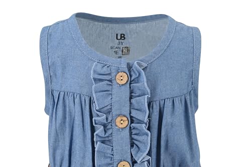Image of Unique Baby Girls Sleeveless Denim Dress with Knot Tie and Fun Print for Toddler and Big Kids