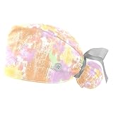 2PCS Working Cap Abstract Bouffant Scrub Turban Caps Tie Back Hats with Button & Sweatband