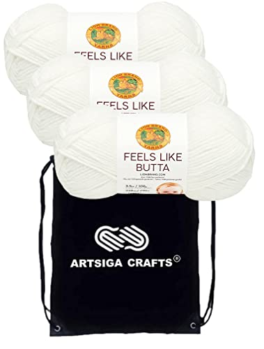 Image of Lion Brand Yarn Feels Like Butta 215-100 White | 3 Skeins, Same Dye Lot, Project Bag, CYC #4 Worsted, 100% Polyester, Ideal for Crochet, Knitting Baby Blankets, Amigurumi
