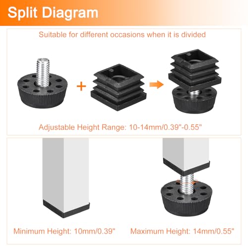 Image of uxcell 12Pcs Inserts for Square Tubes with Leveling Feet, for 0.98 inchx0.98 inch OD Square Tube, Adjustable 10-14mm M8-1.25mm Thread Black Plastic Furniture Chair Blanking End Caps Insert