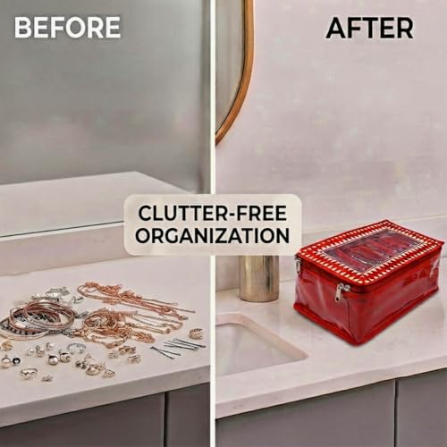 Image of Kuber Industries PVC Jewellery Organizer 10 Detachable Transparent Pouch with Zip | Laminated & Cushioned All 10 Packets Storing Accessorie | Red