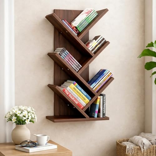 Image of Tree-Shaped Wall-Mounted Bookshelf, Wooden, 4-Tier Floating Book Rack for Living Room, Study, Brown