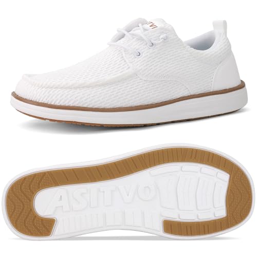 ASITVO Mens Wide Loafers Casual Slip On Walking Shoes Big Size 9.5 Width Toe Box Dress Boat Shoes White 43