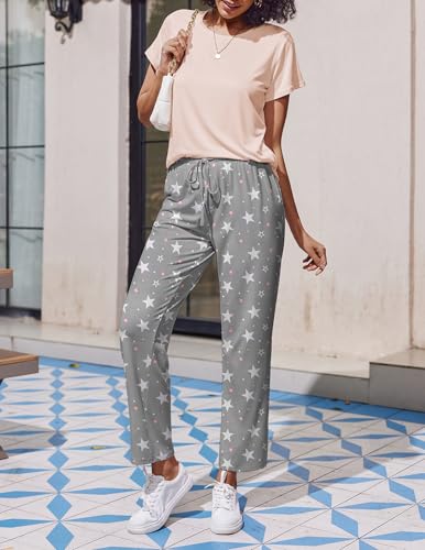 Image of Ekouaer 2 Pack Pajamas for Women Set Short Sleeve Pj Top and Printed Pants | Soft PJs Cozy Printed Lounge Sets Comfy Sleepwear with Pockets