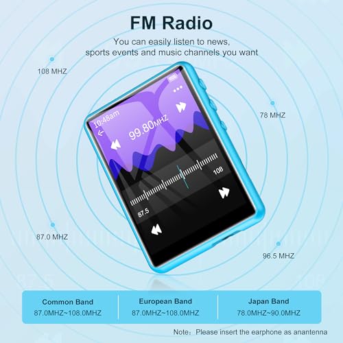 Image of SWOFY 64GB MP3 Player with Bluetooth 5.3, 2.4-Inch Full Touch Screen, Portable Lossless Sound Music Player with HD Speaker, MP3 with FM Radio Recording e-Book, Record, Earphone Included-Blue