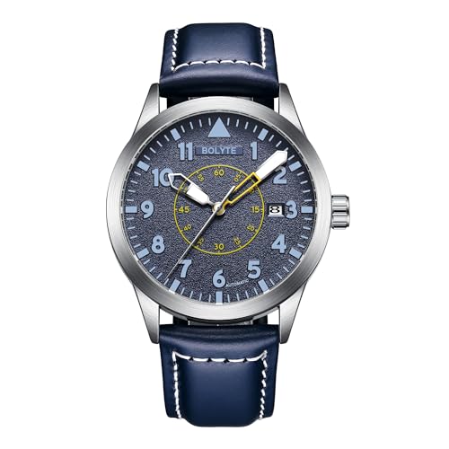 BOLYTE Reloj de pulsera mecánico automático para hombre, con fecha automática, militar, deportivo, con correa de cuero y correa de acero inoxidable, azul, Militar