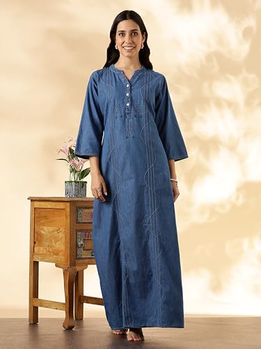 Image of 9shines Label Comfortable Cotton Denim Finish Nightdress for Women with Button Placket and Pocket(9SDLSS)