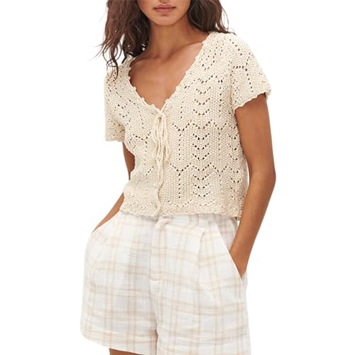 Women Crochet Top Short Sleeve Knit Hollow Out Shirt Y2K