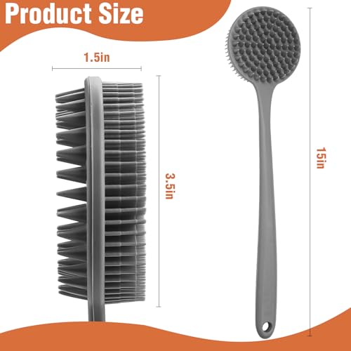 Image of Silicone Body Scrubber for Shower Men Women - Dual-Sided Exfoliating & Massage Shower Brush with Long Handle, Creates Rich Lather, Includes 1 Hook & 2 Lather Balls (Gray).
