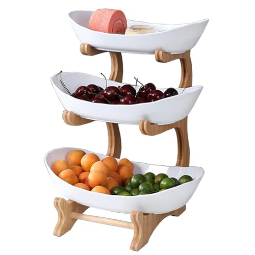 Soporte para cesta de frutas de 3 niveles con estante de bambú natural, cuenco de frutas decorativo para encimera de cocina, soporte blanco para verduras y aperitivos