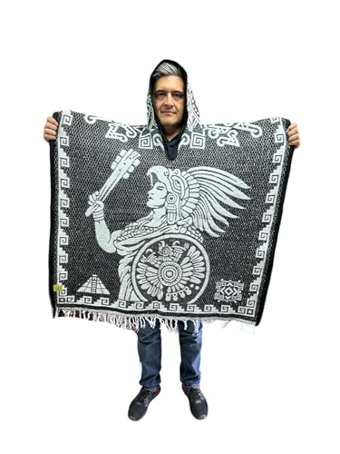 HOODED ADULT AZTECA PONCHO, CALENDARIO AZTECA, GABAN, MADE IN MEXICO Black2