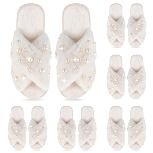 Jiuguva 6 Pairs Bride Slippers for Wedding Fuzzy Pearl Bride Slippers for Women Bridesmaid Bachelorette(7-8)