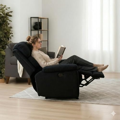 Image of Solis Royale 1 Seater Recliner Sofa Chair | Manual Recliner Lounge Sofa Chairs for Relaxing | Comfortable Cushioned | Living Room Bedroom Home, Office (Luxe-Nap - Black, Luxe-Nap - Fabric)