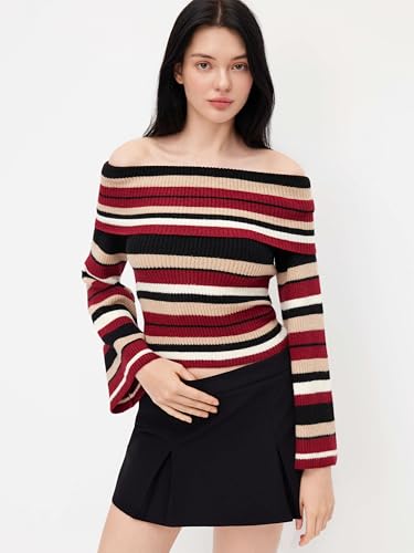 Image of CIDER Off The Shoulder Tops for Women Long Sleeve Going Out Y2K Tops Knit Pullover Fall Outfits Trendy