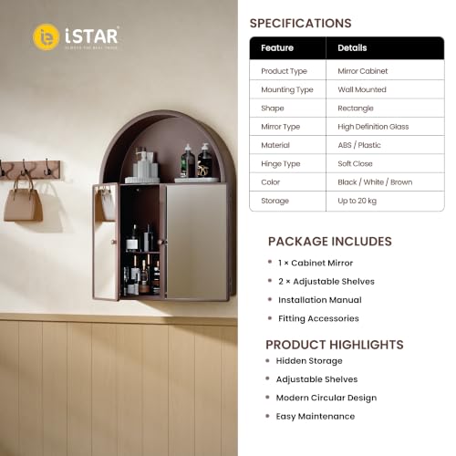 Image of iSTAR Wall Mounted Storage Mirror Cabinet, Bathroom Wall Mirror with Storage Shelf Mirror with Hidden Cabinet Organizer | Modern Wall Mounted for Bathroom, Bedroom, Washbasin (Brown)
