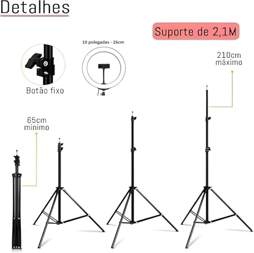 Kit Completo Ring Light 10 Polegadas LED com Tripé, Suporte para Celular, Acessórios para Fotografia