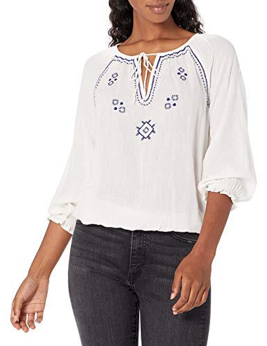 Lucky Brand Women's Long Sleeve V-Neck Embroidered Peasant Top, Bright White, XL