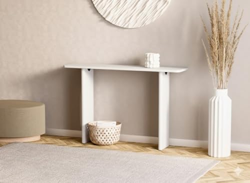 Image of Furniture Modern Solid Wood Console Table with Rounded Edges, Natural Finish, Minimalist Scandinavian Style Entryway Furniture (Style 3, White, 115x30x80 cm)