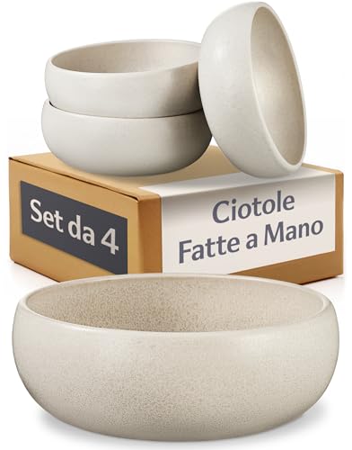 Cosumy Set da 4 Ciotole Bianche 750 ml – Ciotole Zuppe Artigianali con Smalto Reattivo – Servizio Piatti Elegante, Adatti al Microonde e Lavabili in Lavastoviglie – Set Piatti per 4 Persone