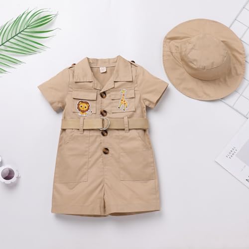 ABAFIP Baby Girl Toddler Boy Safari Birthday Outfit Short Sleeve One Piece Romper Jumpsuit with Belt Hat4