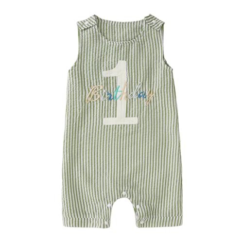 Ritatte Baby Boy 1st Birthday Outfit One Birthday Embroidery Romper Sleeveless Jumpsuit Cute Summer One Year Old Overalls(Stripe-Green,1Y)