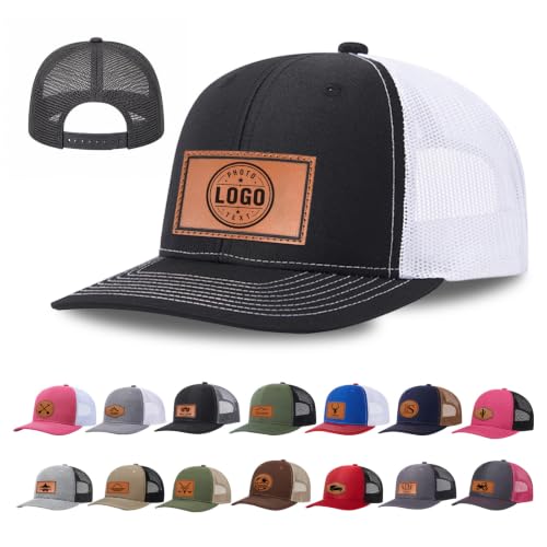 Image of Custom Hats for Men and Women, Personalized Baseball Cap with Leather Patch | Design Your Own Hat with Logo, Photo or Text, Breathable Mesh Back, Adjustable Customized Trucker Hats for Adults