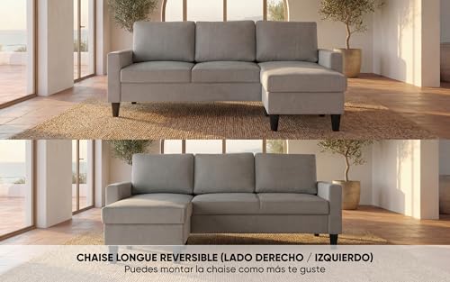 Sofá de salón 3 plazas con chaise longue esquinero reversible BUDWING Fox gris 6
