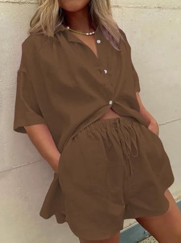 Image of Fixmatti Women 2 Piece Outfits Long Sleeve Button Down Blouse and Shorts Sweatsuit Sets