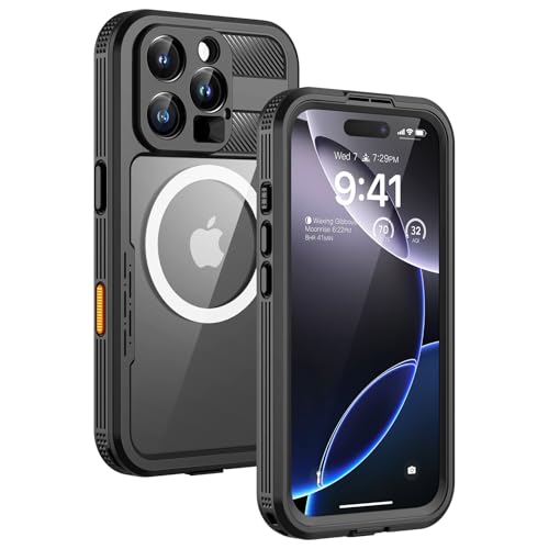 Lanhiem Magnetic for iPhone 16 Pro Case IP68 Waterproof Dustproof Case [Compatible with Magsafe] [Built-in Screen Protector] Full Body Heavy Duty Rugged Phone Cover 6.3 inch Black/Clear