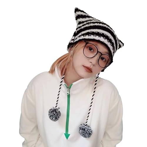 Cute Cat Ear Beanie with Strings Crochet Hat Knitted Cat Hat with Pom Poms Cat Beanie for Girls Little Devil Hat Y2K Cap2