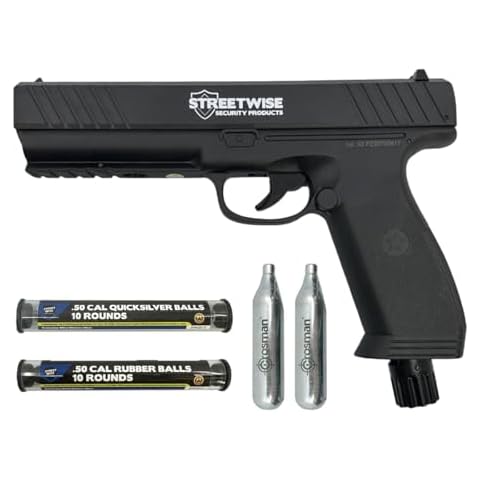 Streetwise Heat .50 Caliber Pepper Launcher California Compliant. Includes 10 Rubber Balls, 10 Quicksilver Metal Composite Rounds, 2 C02 Canisters. Cover