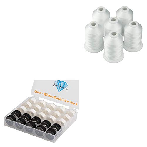 Simthread Embroidery Thread Essential Pack Bundle | 15White + 10Black Prewound Bobbin & 6 White Machine Embroidery Threads miniatura 1