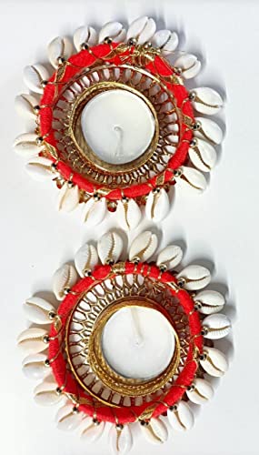 Iram Decorative Diya Tealight Candle Holder/Diwali Diya For Home Decoration Gota Patti Mix Colorful Flower Design Tealight Candle Pack Of 2 (Red) #TOP4