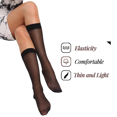 6 Pairs Knee High Stockings for Women, 20 Denier Nylon Sheer Socks with Reinforced Toes Black Nude One Size3
