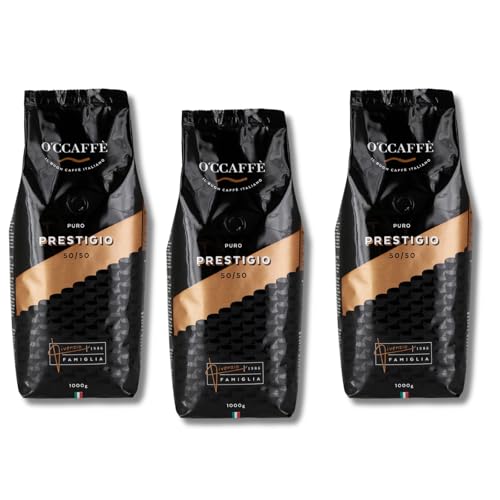 O'ccaffè Prestigio Café en Grano 50% Arábica 50% Robusta 3 x 1 kg - Equilibrio Perfecto entre Suavidad e Intensidad - Tueste Medio, Intensidad 5/7 - Pack Premium.