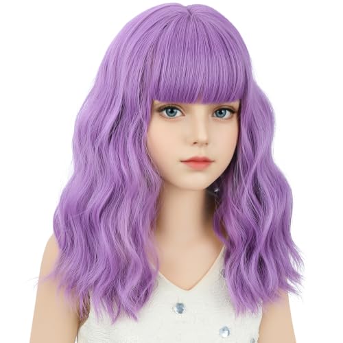 Image of Lavender Purple Wig Short Purple Wavy Curly Wigs Wig with Air Bangs Synthetic Cosplay Hair Wigs